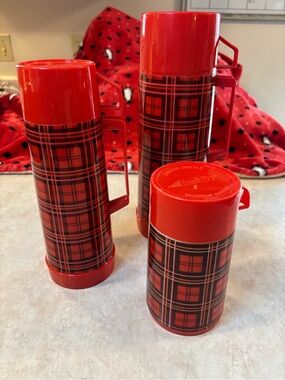 Vintage Aladdin Red Plaid Insulated Thermos Set - 3 Piece